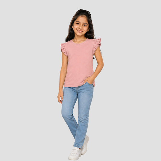 Charm N Cherish Cute Dusty Pink Ruffle Sleeve T-Shirt for Girls | Premium Soft Cotton Casual Wear Top