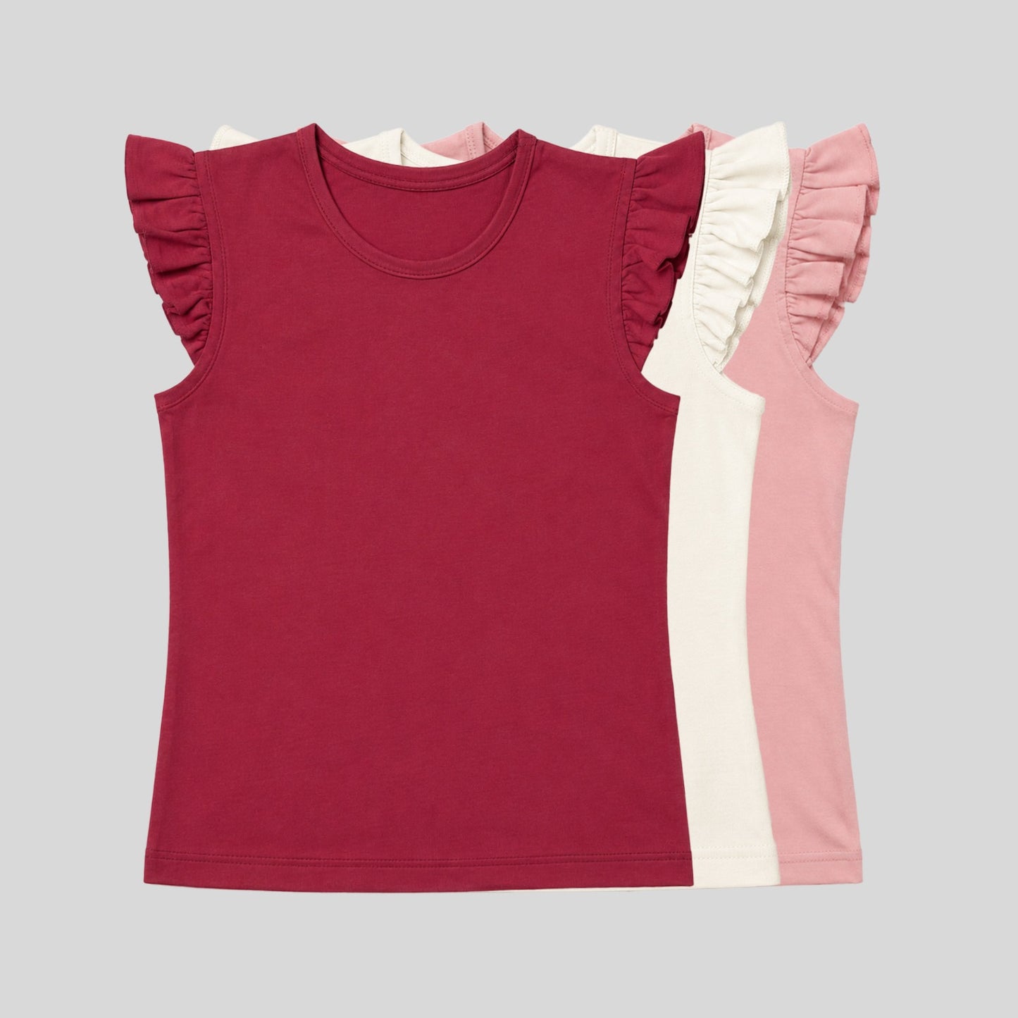 Girls' Ruffle Flutter Sleeve Cotton T-Shirts (Pack of 3) – Solid Round Neck Casual Tops