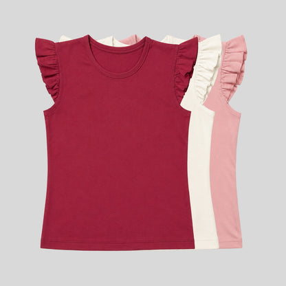 Girls' Ruffle Flutter Sleeve Cotton T-Shirts (Pack of 3) – Solid Round Neck Casual Tops