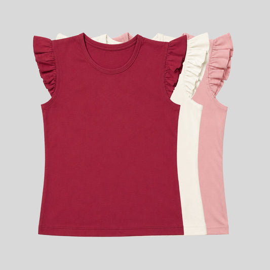 Girls' Ruffle Flutter Sleeve Cotton T-Shirts (Pack of 3) – Solid Round Neck Casual Tops