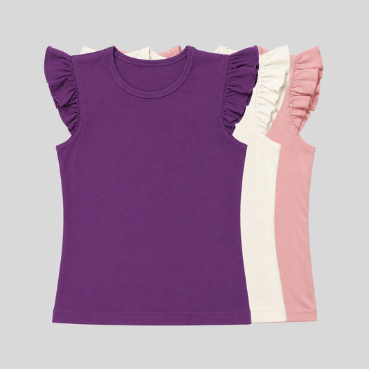 Girls' Ruffle Flutter Sleeve Cotton T-Shirts (Pack of 3) – Solid Round Neck Casual Tops