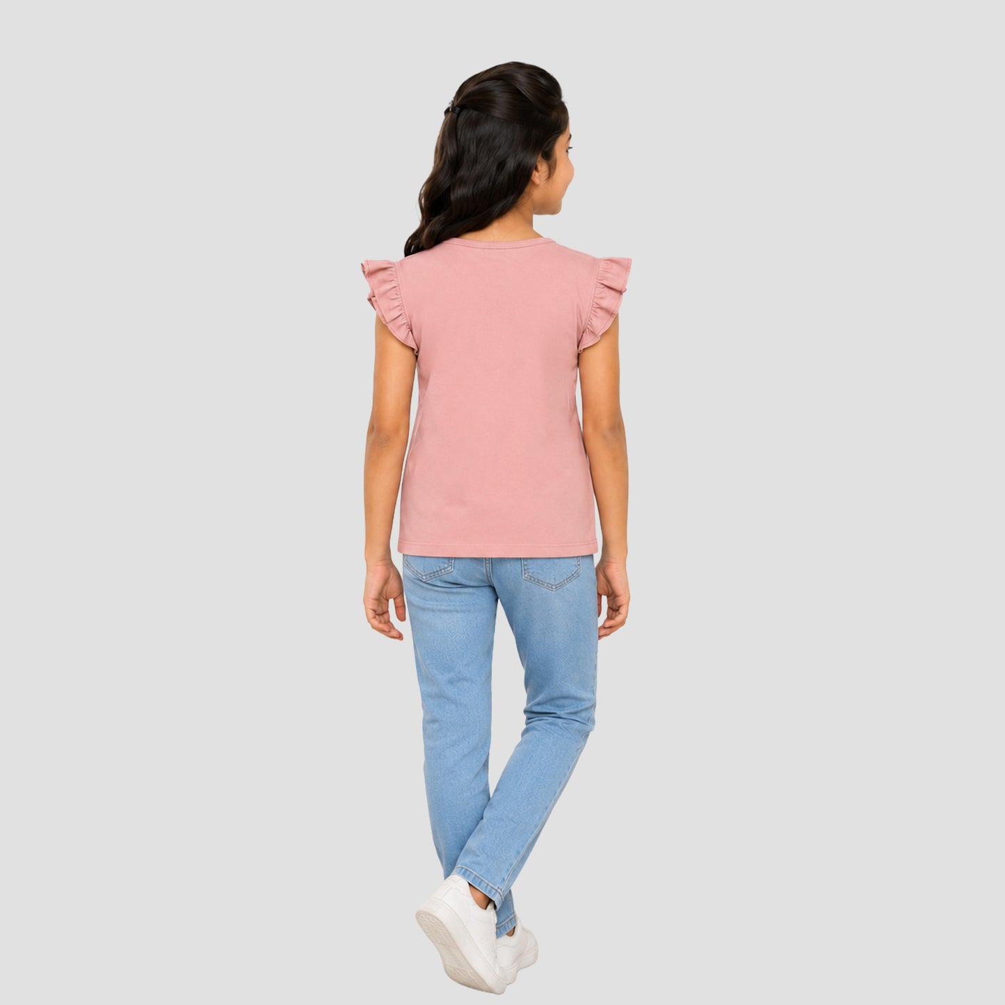 Charm N Cherish Cute Dusty Pink Ruffle Sleeve T-Shirt for Girls | Premium Soft Cotton Casual Wear Top