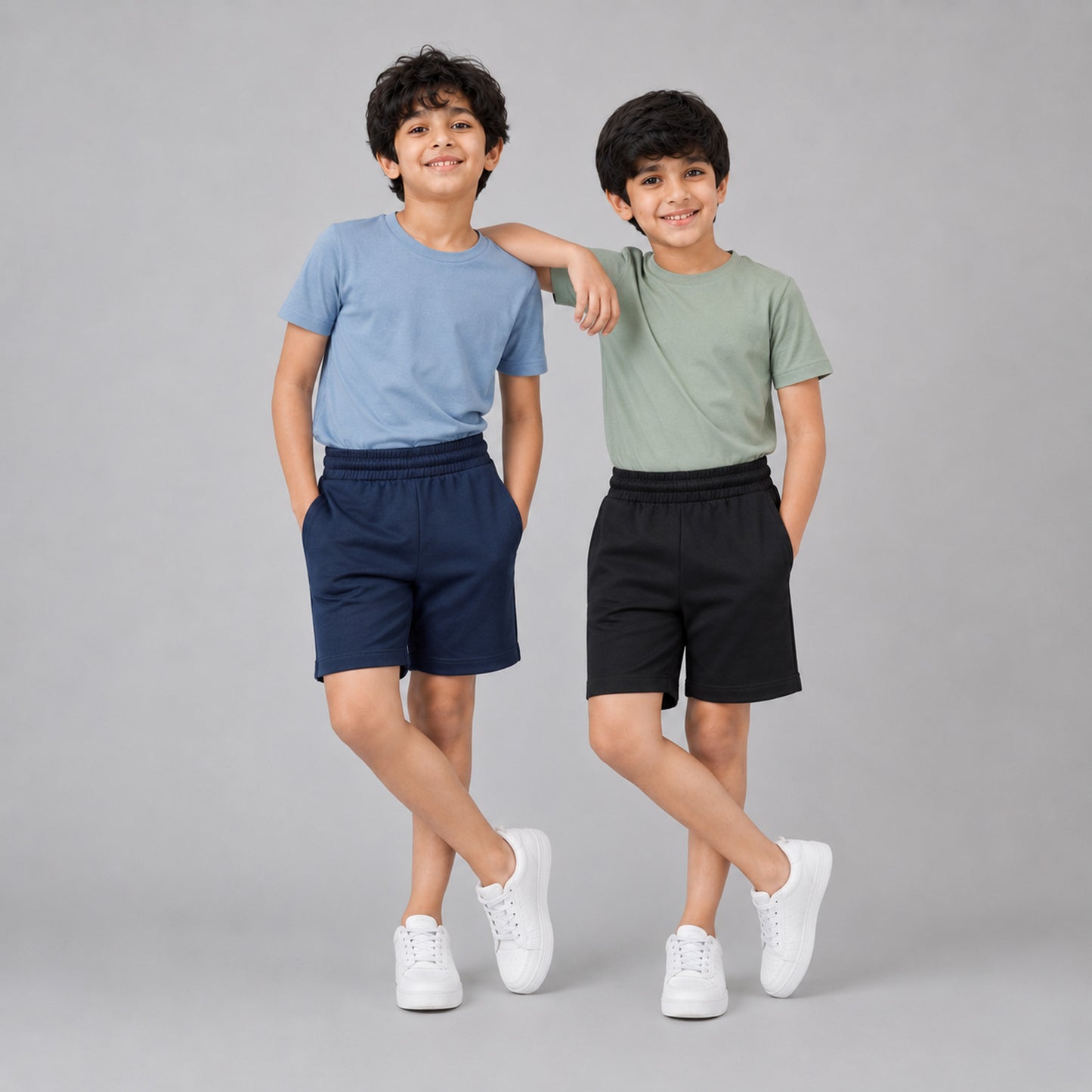 Boys Solid Cotton Casual Shorts (Pack of 2 - Navy Blue & Black) | Elastic Waistband Regular Fit Shorts with Pockets