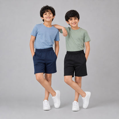 Boys Solid Cotton Casual Shorts (Pack of 2 - Navy Blue & Black) | Elastic Waistband Regular Fit Shorts with Pockets