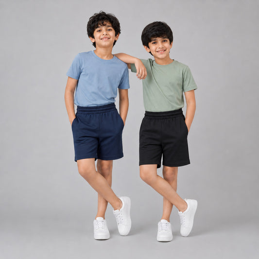 Boys Solid Cotton Casual Shorts (Pack of 2 - Navy Blue & Black) | Elastic Waistband Regular Fit Shorts with Pockets