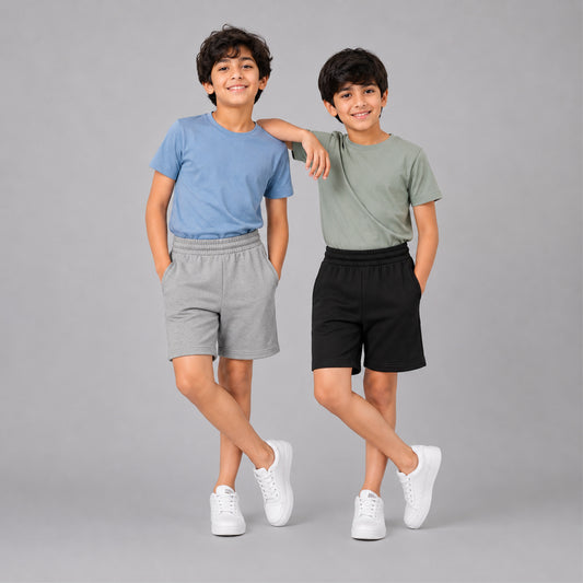 Boys Solid Cotton Casual Shorts (Pack of 2 - Grey & Black) | Elastic Waistband Regular Fit Shorts with Pockets