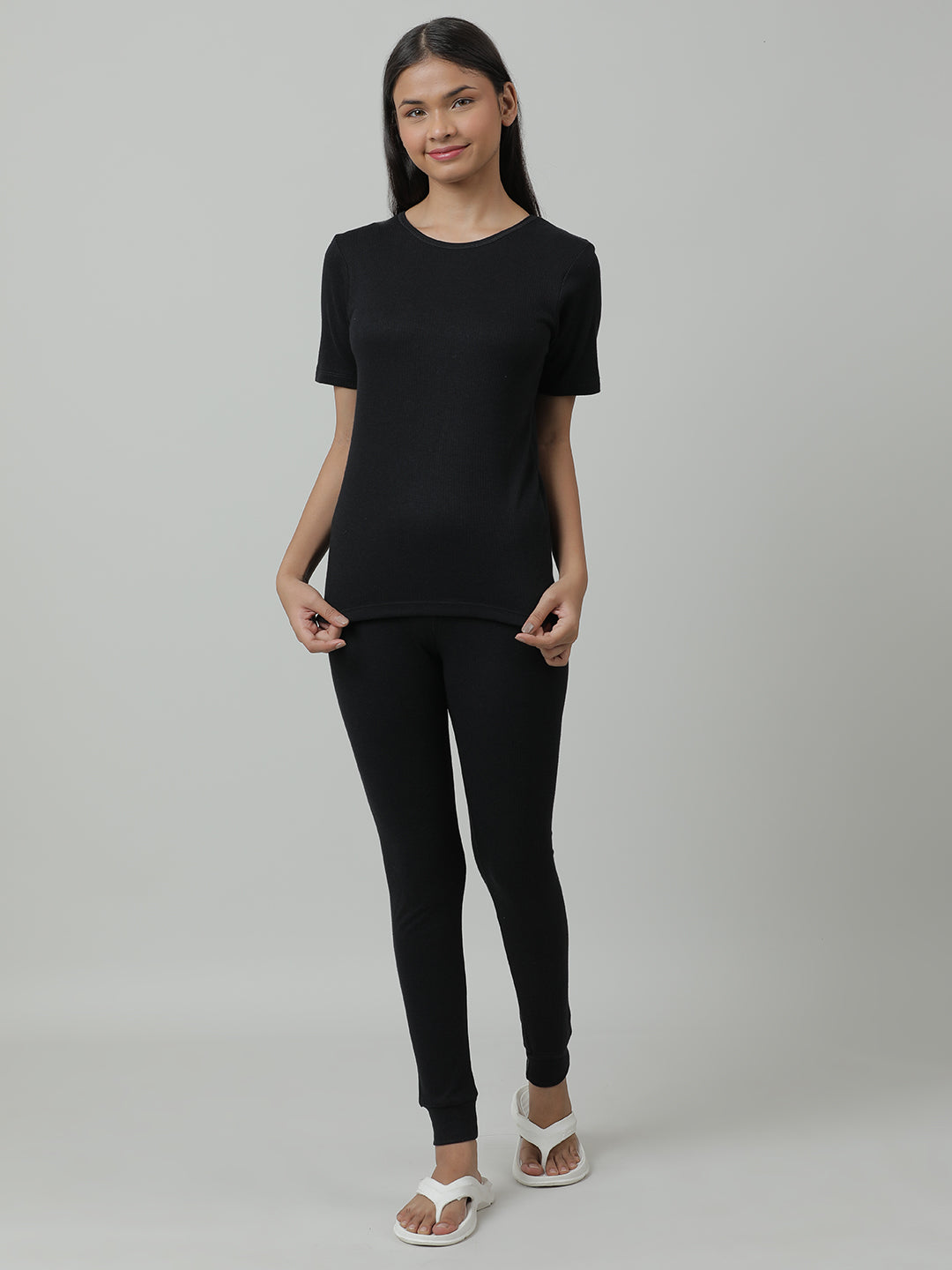 Unisex Thermal  Short Sleeve Vest & Pant Set _Black.