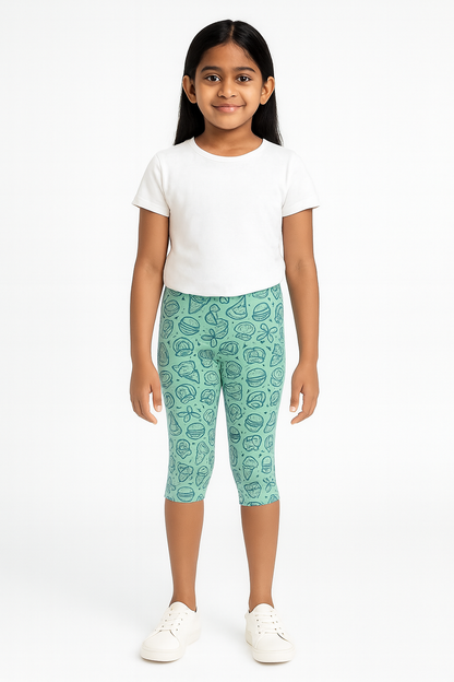 Girls' 3/4th Cotton Leggings - Green (Pack of 1)