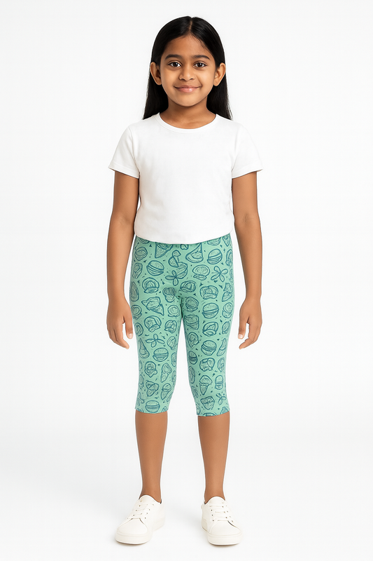 Girls' 3/4th Cotton Leggings - Green (Pack of 1)