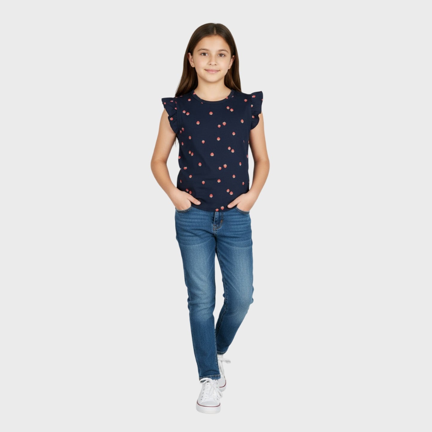 Girls Cotton Frill T-Shirt - Navy(Pack of 1)