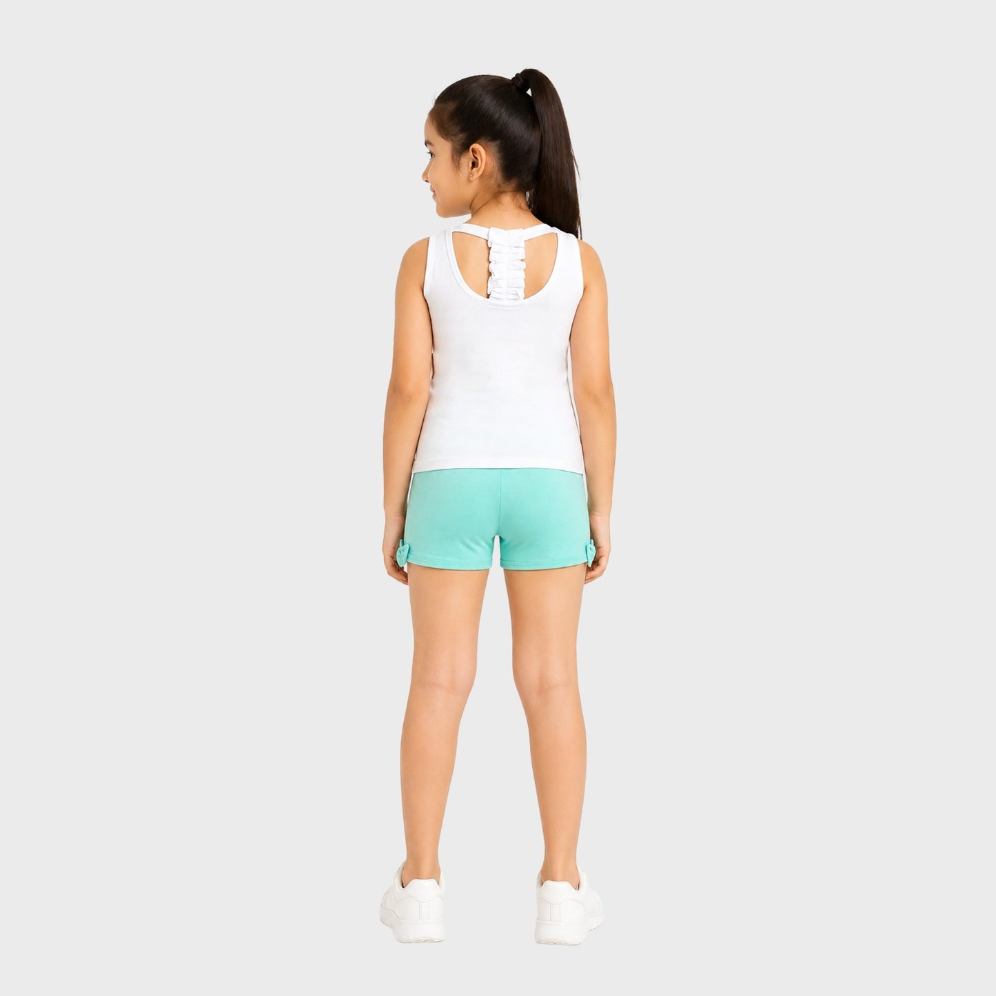 Girls Summer Clothes Set - Sleeveless White Tank Top and Mint Green Cotton Knit Shorts with Side Bow Accent, Casual 2-Piece Playwear Outfit for Kids