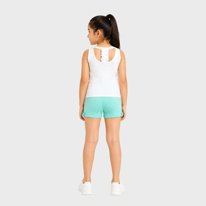 Girls Summer Clothes Set - Sleeveless White Tank Top and Mint Green Cotton Knit Shorts with Side Bow Accent, Casual 2-Piece Playwear Outfit for Kids