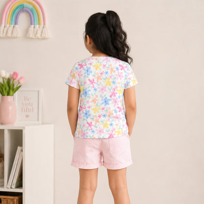 Charm N Cherish Girls' Cotton Floral Print T-Shirt - Comfortable Round Neck Short Sleeve Kids Wear
