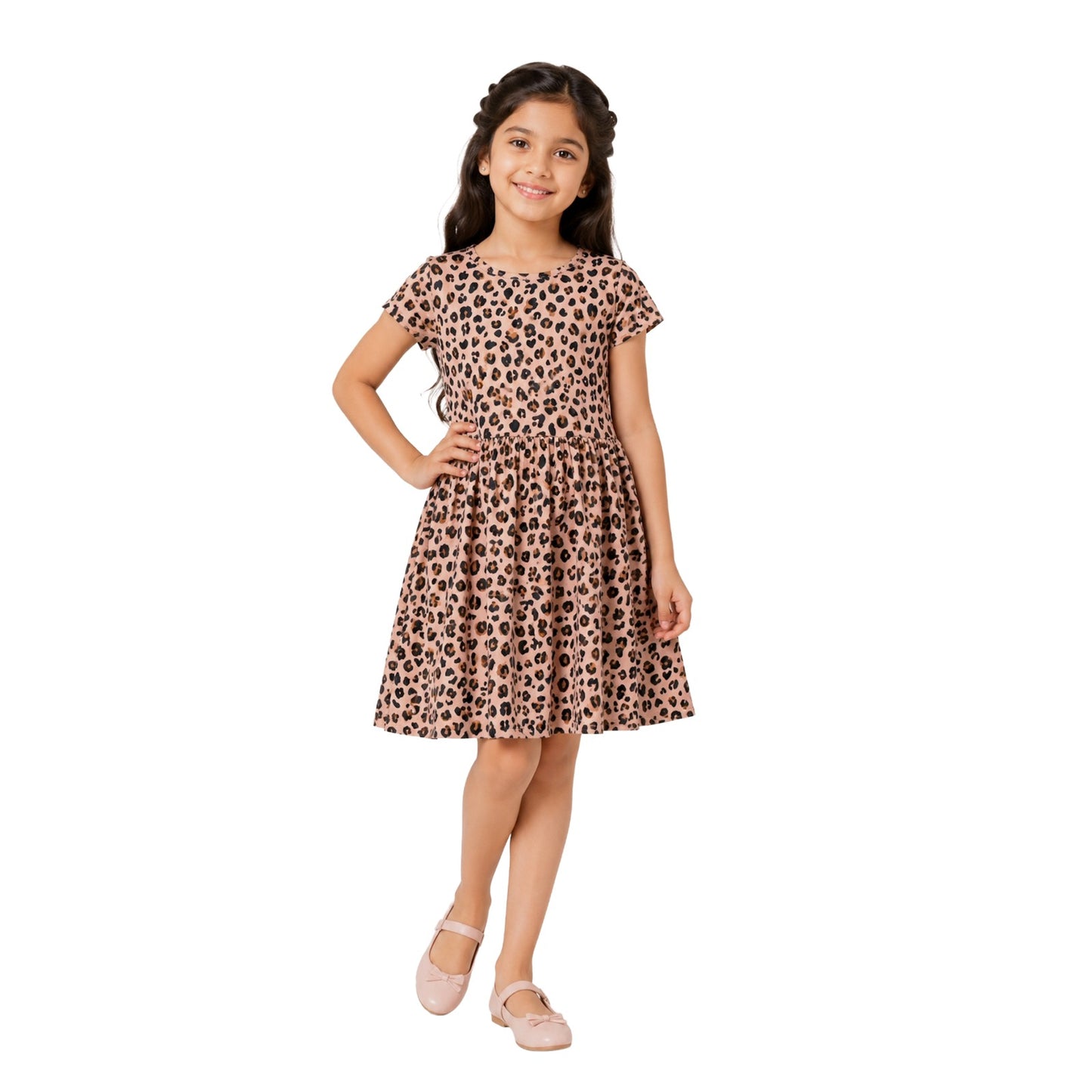 Girls Dress - Soft Breathable Everyday Knee Length Trendy Animal Print Patterned Clothes for Kids