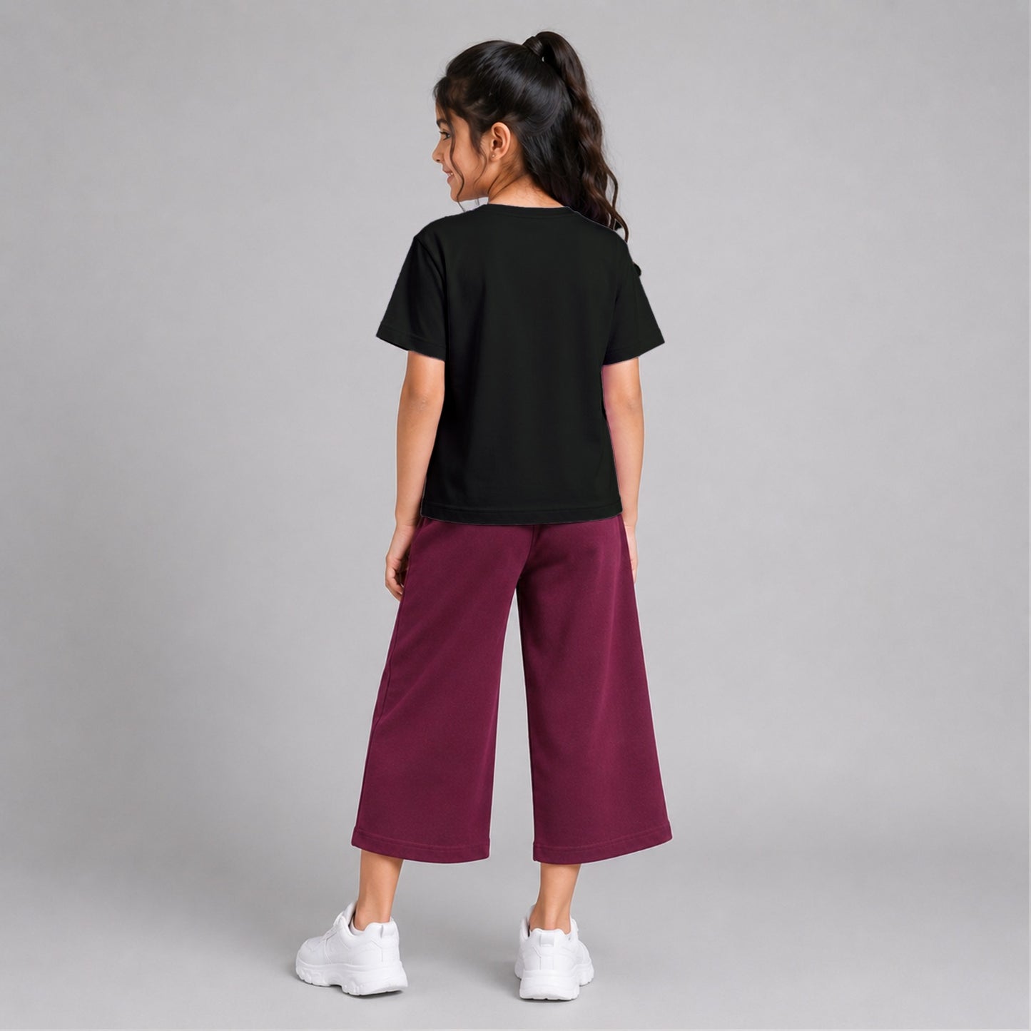 Girls' Cotton Casual Wide-Leg Joggers – Loose Fit Maroon Track Pants with Pockets