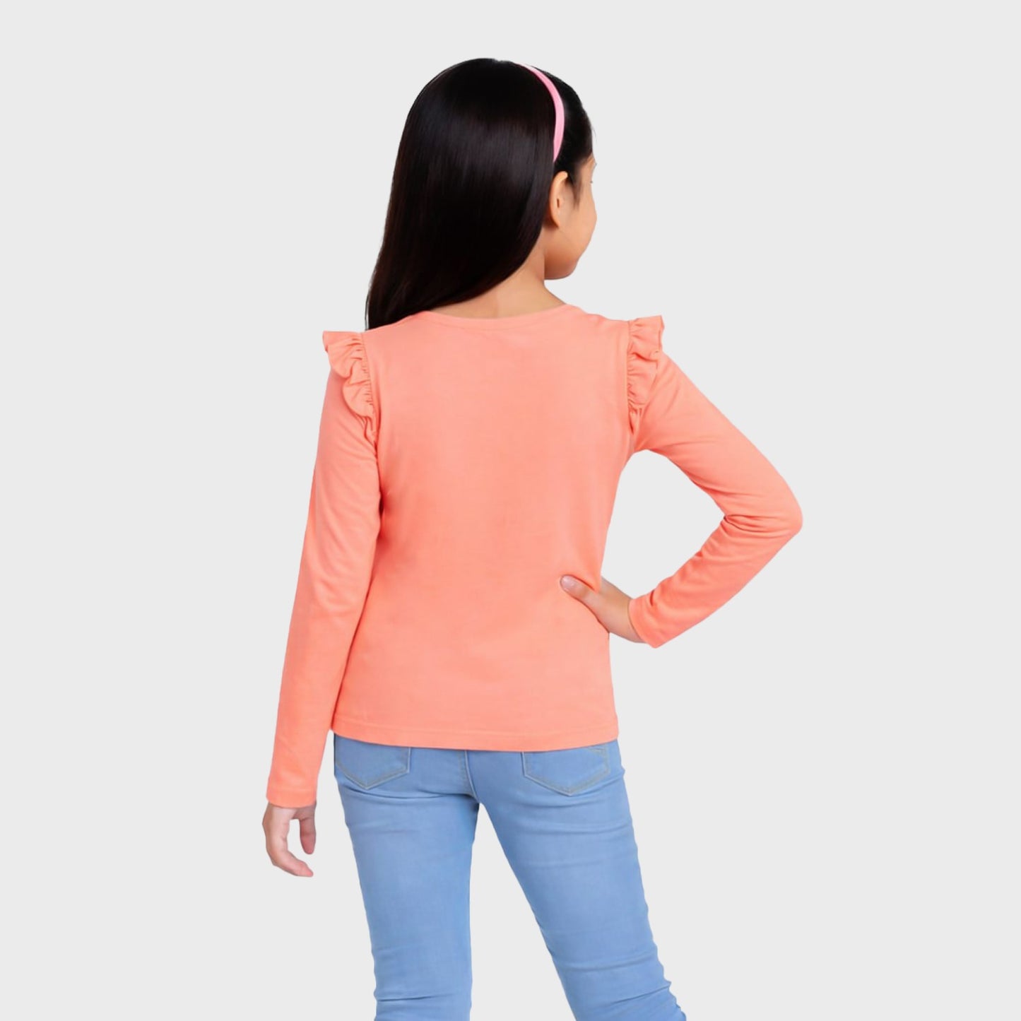 CharmnCherish Girls' Cotton Frill T-Shirt - Coral (Pack of 1) - front view
