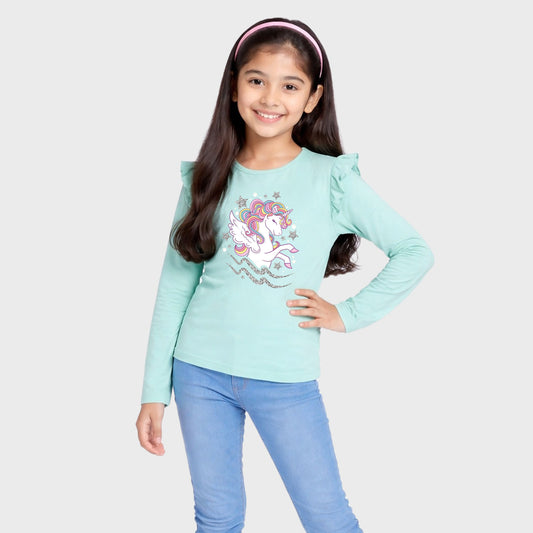 CharmnCherish Girls' Cotton Frill T-Shirt - Unicorn Print - Aqua (Pack of 1)