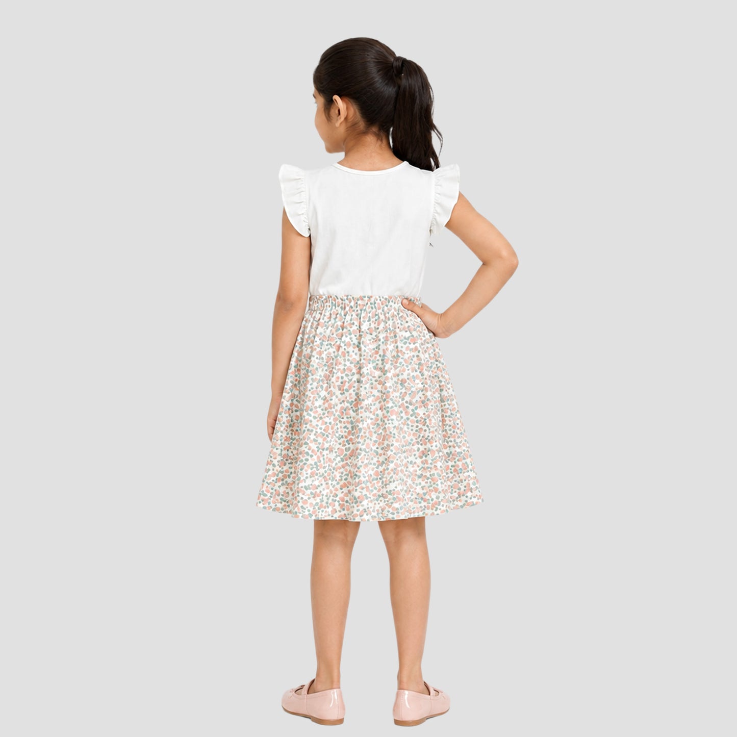 Girls' Pink Floral A-Line Dress with Ruffle Sleeves - Casual Summer Cotton Frock