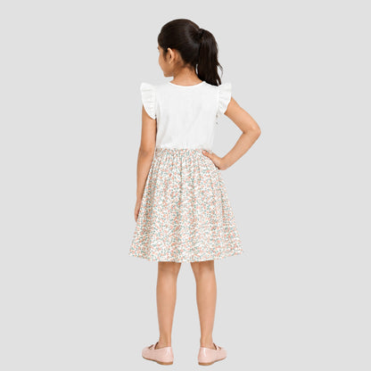 Girls' Pink Floral A-Line Dress with Ruffle Sleeves - Casual Summer Cotton Frock