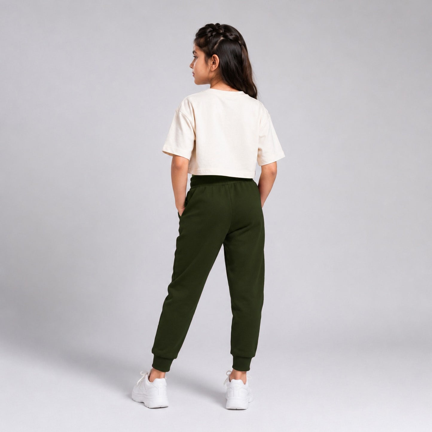 Girls Solid Green Cotton Joggers with Elastic Waistband & Side Pockets