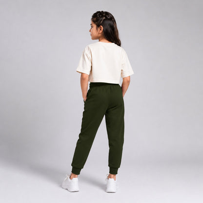 Girls Solid Green Cotton Joggers with Elastic Waistband & Side Pockets