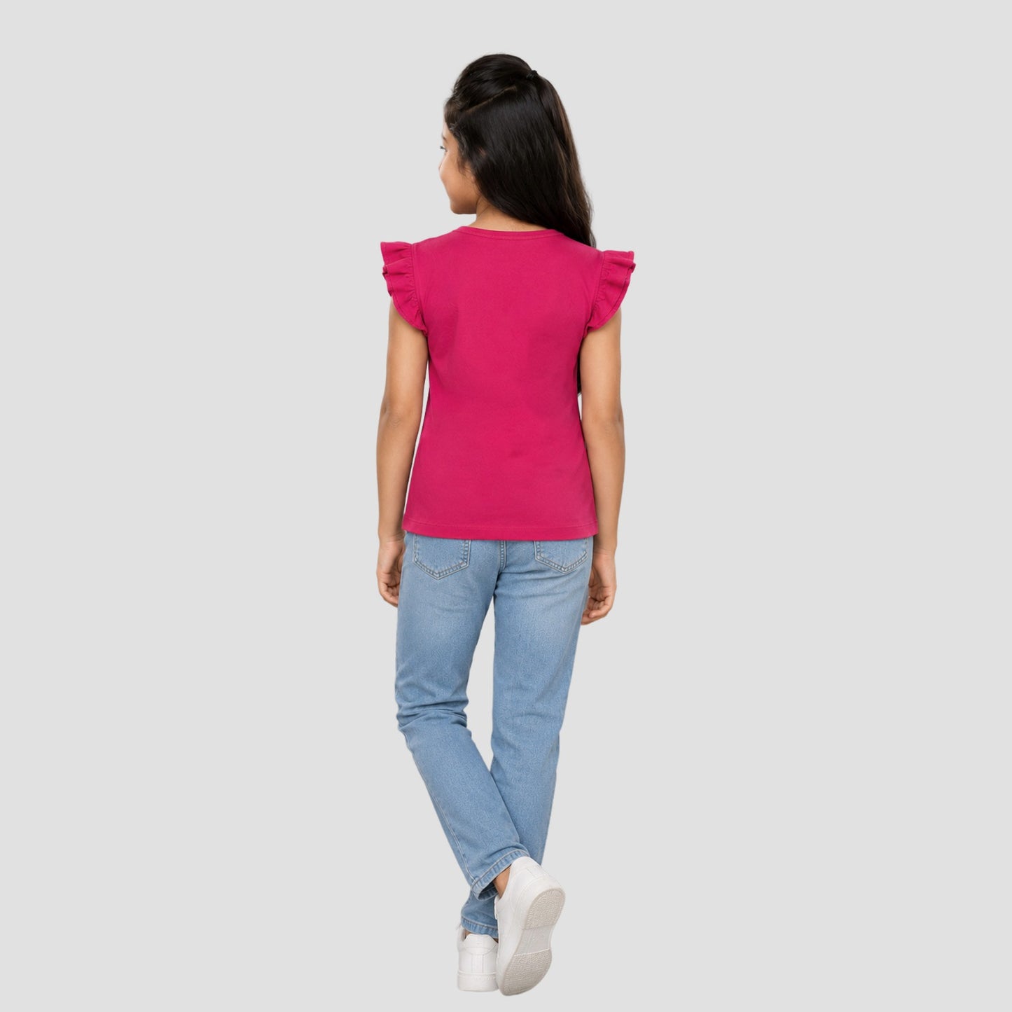 Girls' Soft Cotton Flutter Sleeve Round Neck Top | Casual Summer T-Shirt for Kids