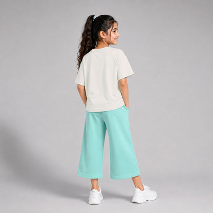 Girls' Cotton Casual Wide-Leg Joggers – Loose Fit Mint Green Track Pants with Pockets