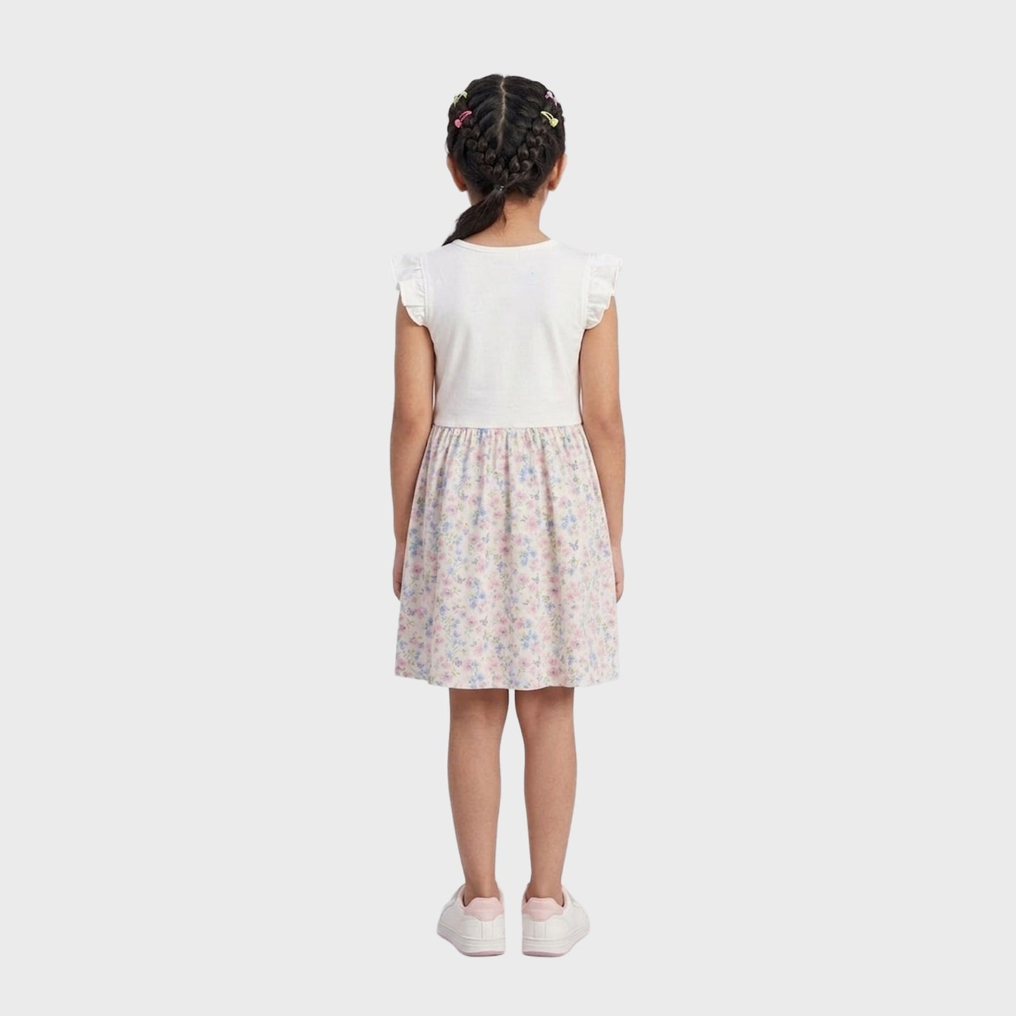 Girls' Floral Print Fit-and-Flare Dress with Butterfly Graphic