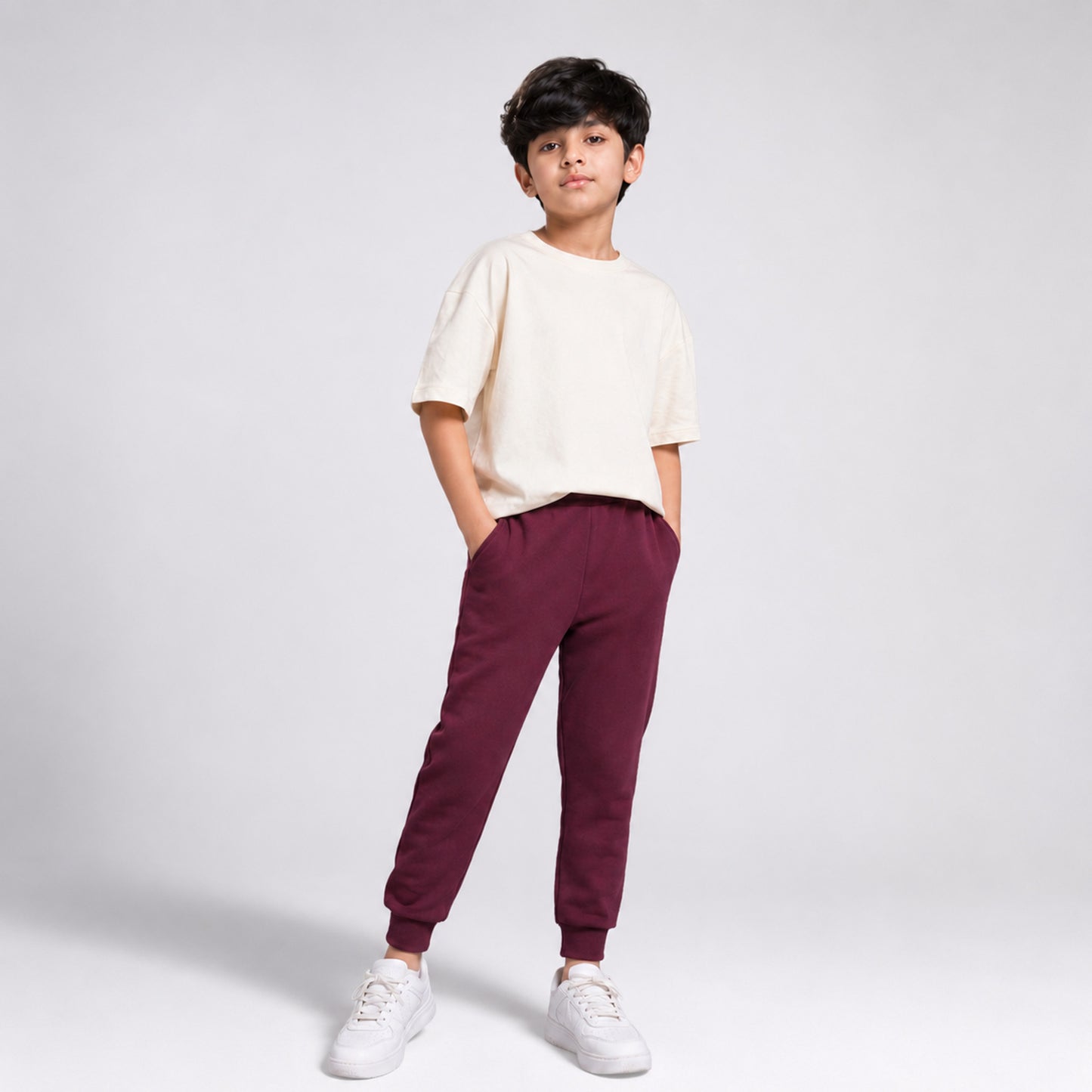 Charm N Cherish Boys Maroon Solid Elastic Waist Jogger Pants