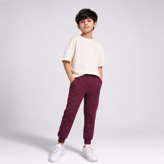 Charm N Cherish Boys Maroon Solid Elastic Waist Jogger Pants