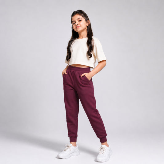 Charm N Cherish Girls Solid Maroon Cotton Joggers with Elastic Waistband & Side Pockets