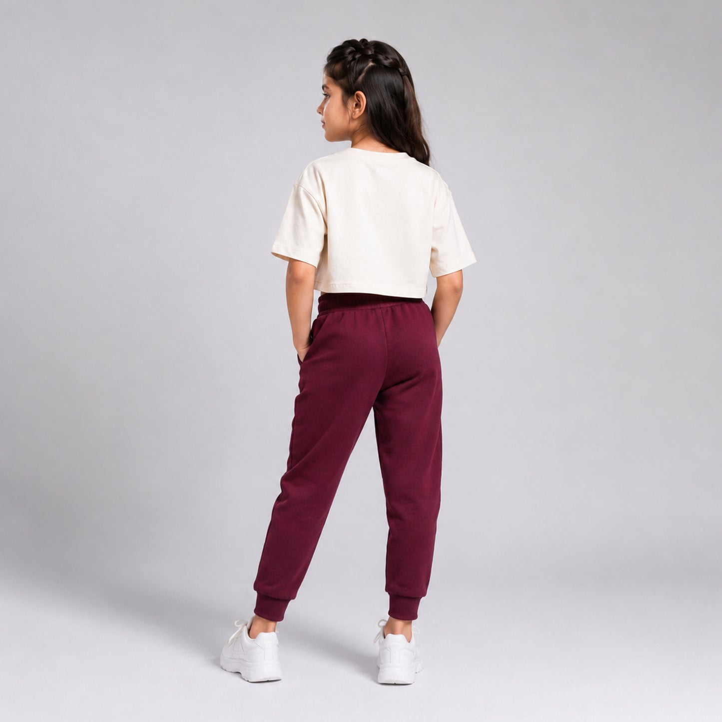 Charm N Cherish Girls Solid Maroon Cotton Joggers with Elastic Waistband & Side Pockets