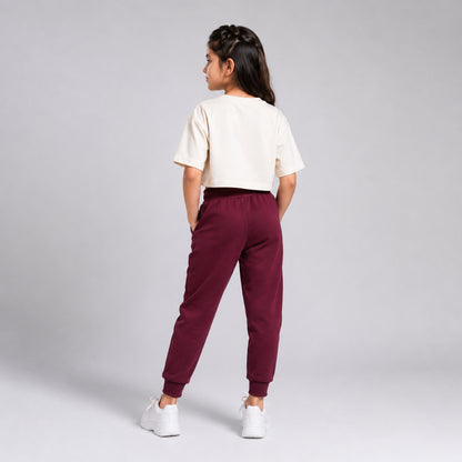 Charm N Cherish Girls Solid Maroon Cotton Joggers with Elastic Waistband & Side Pockets