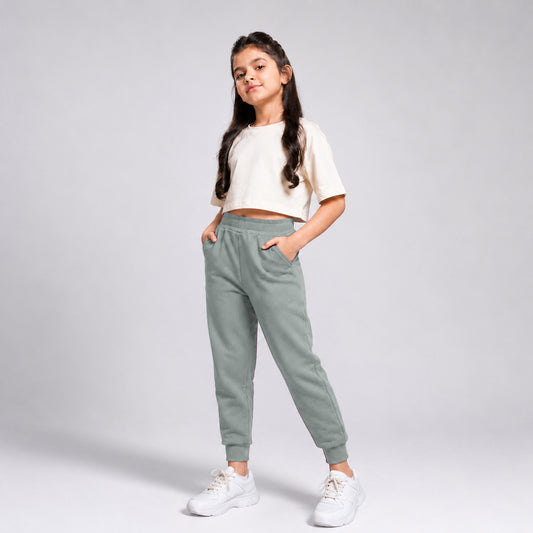Charm N Cherish Girls Solid Green Cotton Joggers with Elastic Waistband & Side Pockets