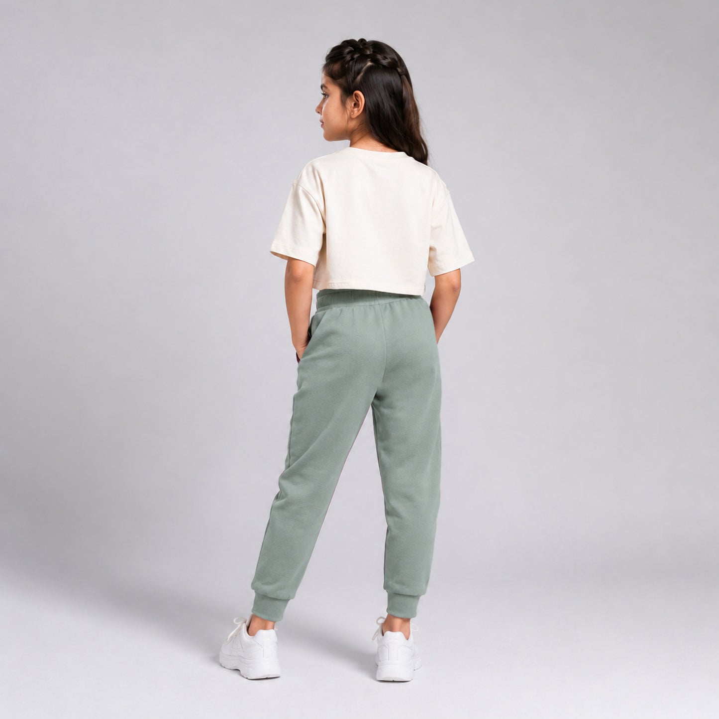 Charm N Cherish Girls Solid Green Cotton Joggers with Elastic Waistband & Side Pockets