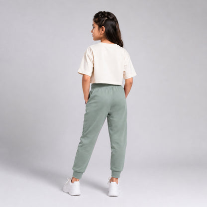 Charm N Cherish Girls Solid Green Cotton Joggers with Elastic Waistband & Side Pockets