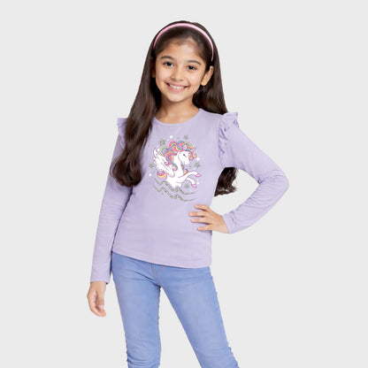 CharmnCherish Girls' Cotton Frill T-Shirt - Unicorn Print - Lavender (Pack of 1)