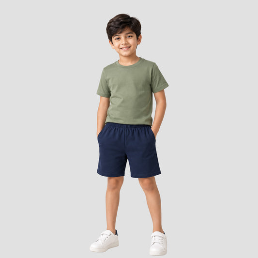 Boys Cotton Casual Shorts | Dark Navy Blue Elastic Waist Regular Fit Shorts for Kids