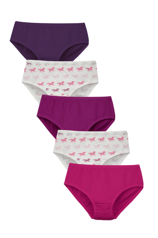 Girls Brief - Unicorn All Over & Solid Colour Combo  Pack of 5.