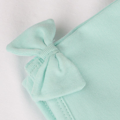 Girls Summer Clothes Set - Sleeveless White Tank Top and Mint Green Cotton Knit Shorts with Side Bow Accent, Casual 2-Piece Playwear Outfit for Kids
