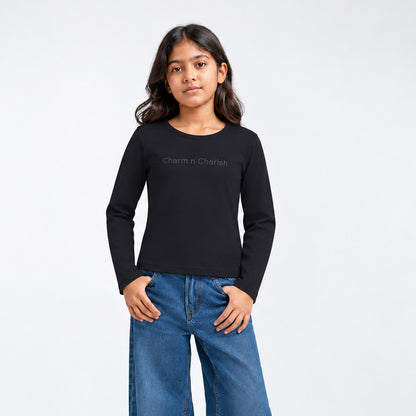 Girls Cotton Printed T-Shirt - Black