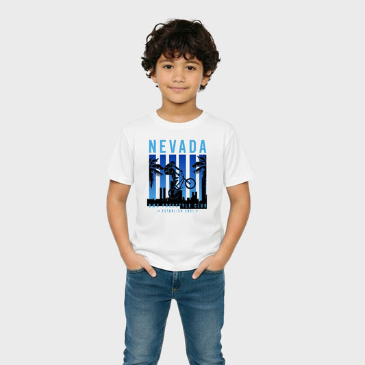 CharmnCherish Kids' Cotton T-Shirt - Nevada Cycling Print - White (Pack of 1)
