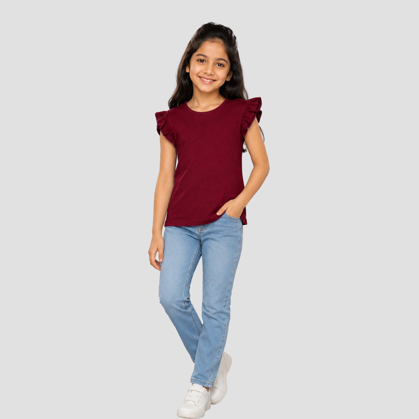 Girls' Soft Cotton Flutter Sleeve Round Neck Top | Casual Summer T-Shirt for Kids
