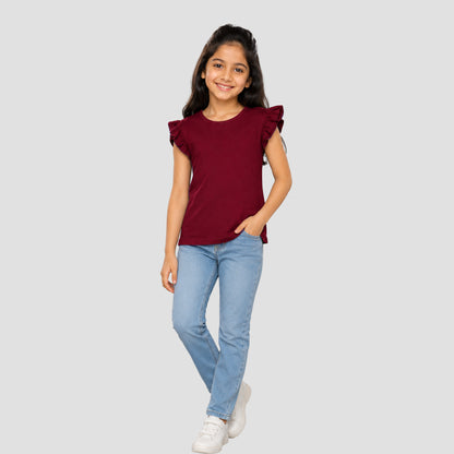 Girls' Soft Cotton Flutter Sleeve Round Neck Top | Casual Summer T-Shirt for Kids