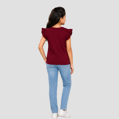 Girls' Soft Cotton Flutter Sleeve Round Neck Top | Casual Summer T-Shirt for Kids
