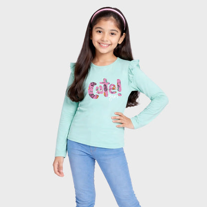CharmnCherish Girls' Cotton Frill T-Shirt - Cute Girl Print - Aqua (Pack of 1)