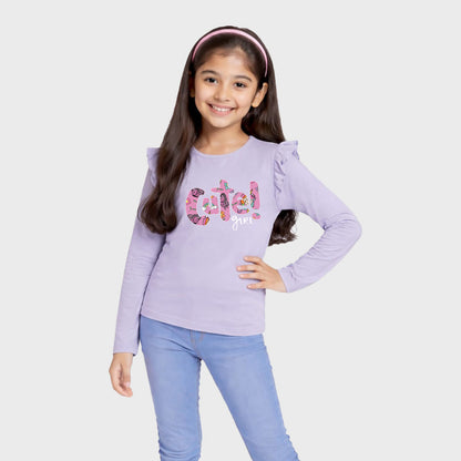 CharmnCherish Girls' Cotton Frill T-Shirt - Cute Girl Print - Lavender (Pack of 1)