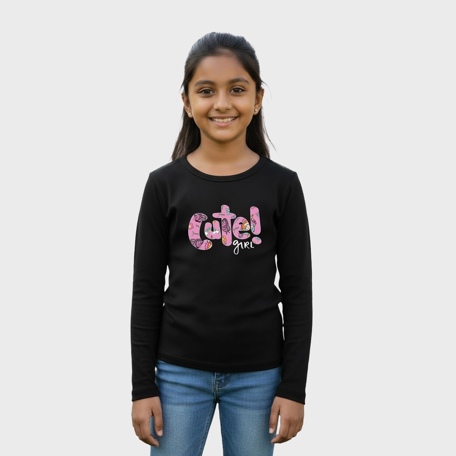 CharmnCherish Girls' Cotton Full Sleeve T-Shirt - Cute Girl Print - Black (Pack of 1)