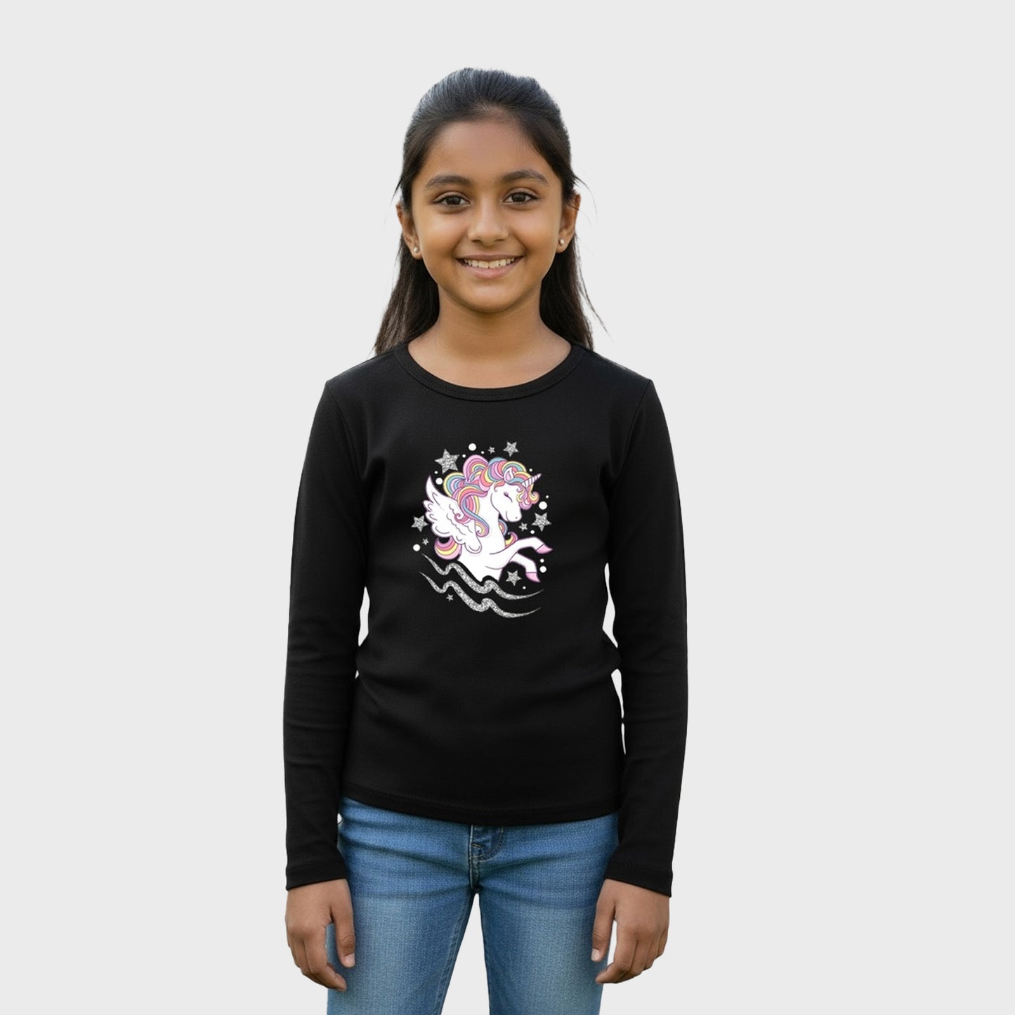 CharmnCherish Girls' Cotton Full Sleeve T-Shirt - Unicorn Print - Black (Pack of 1)