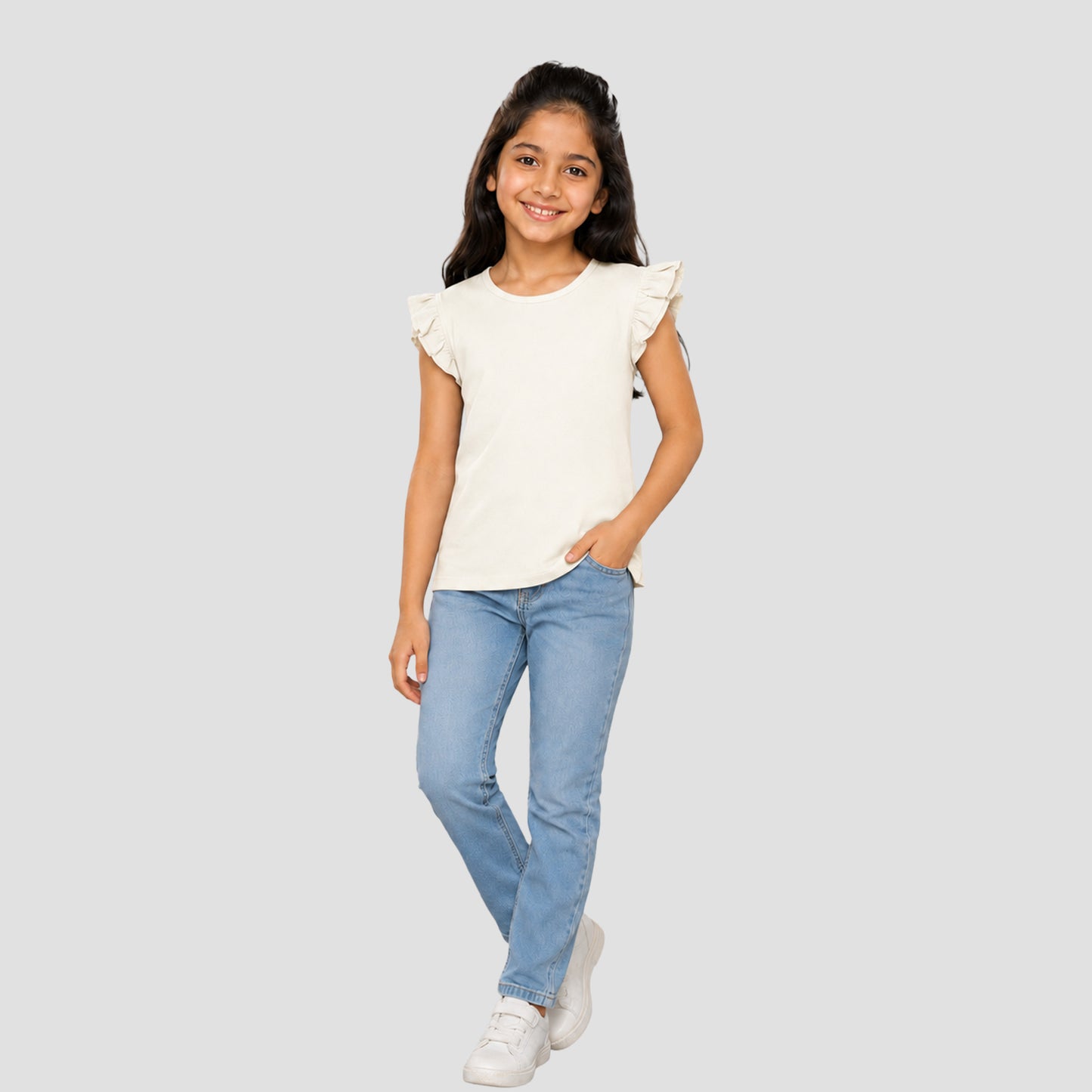 Girls' Soft Cotton Flutter Sleeve Round Neck Top | Casual Summer T-Shirt for Kids